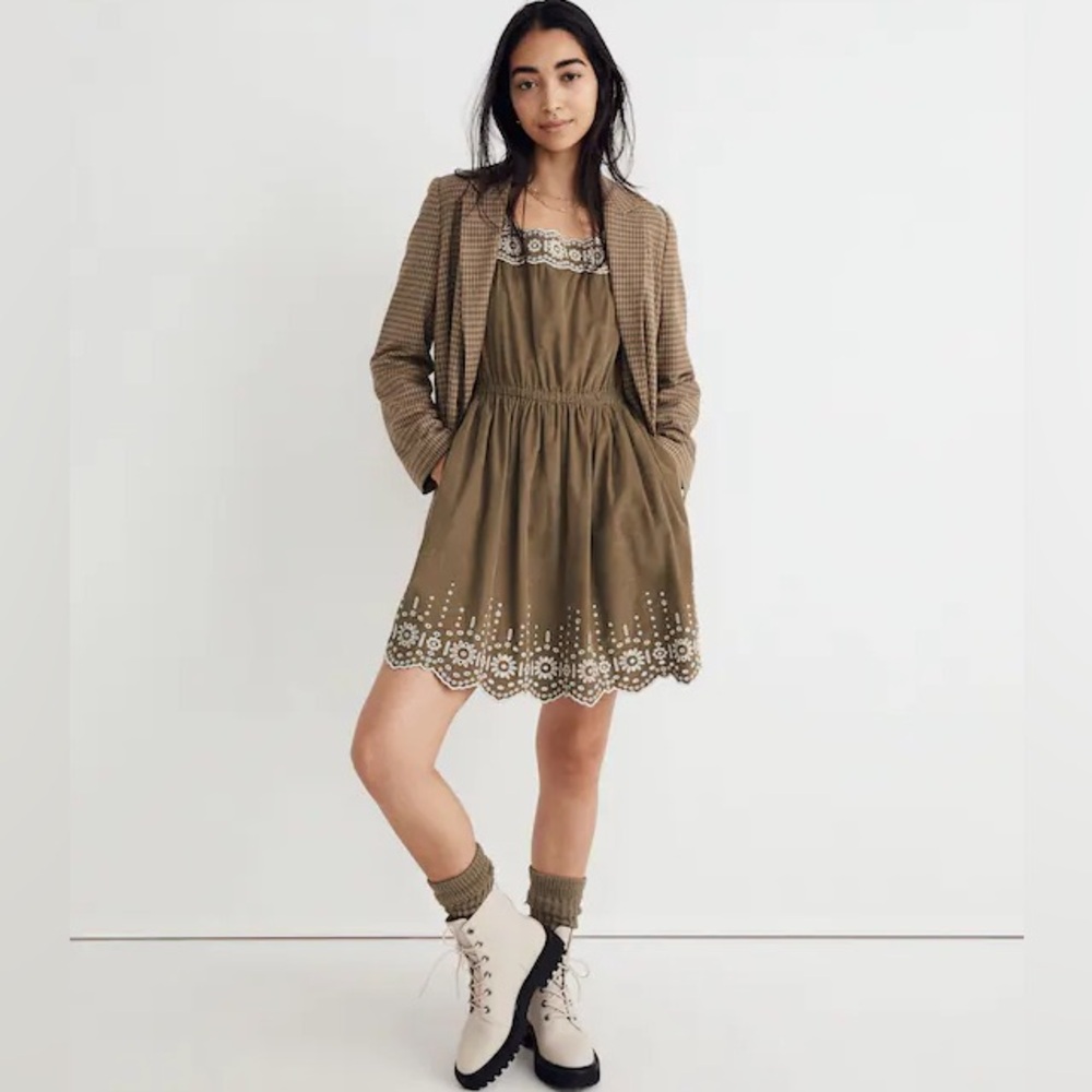 Madewell Embroidered Corduroy Square-Neck Mini Dress Eyelet Cottage Core XXS